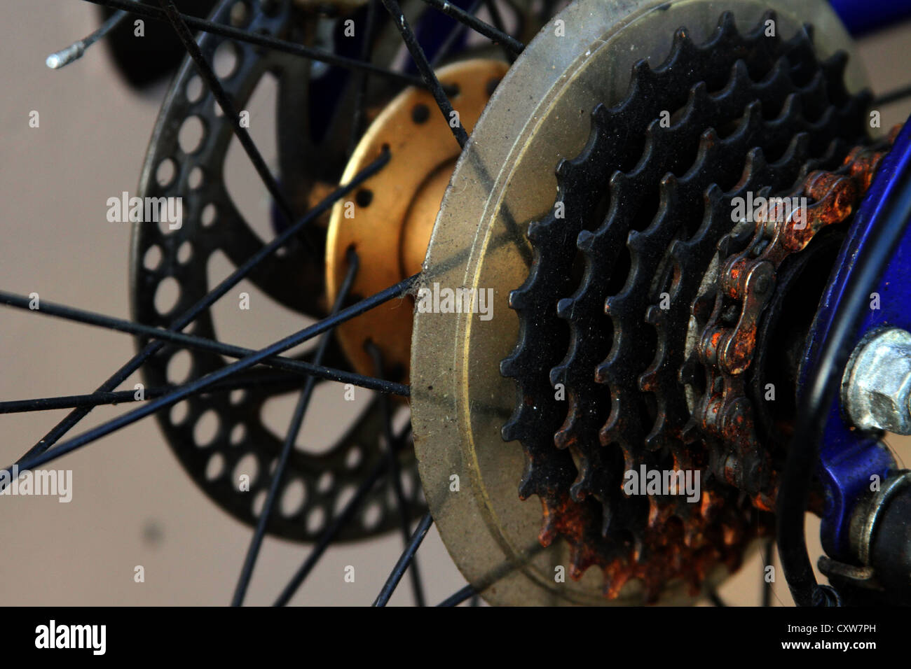 Bicycle gear assembly, freewheel and a rusty chain, the image showing the state of the gears and chain assembly hours after rain Stock Photo