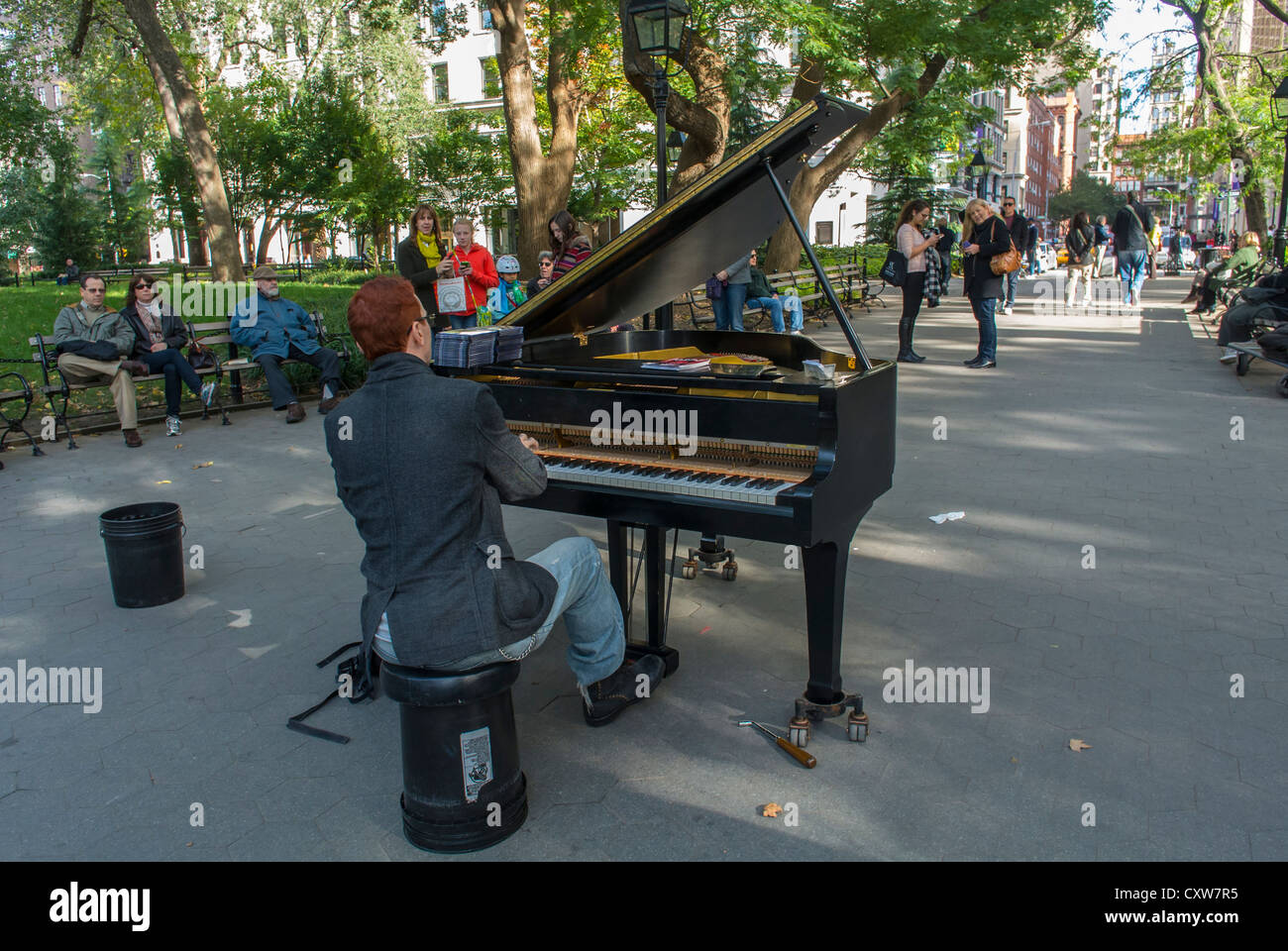 New York City, NY, USA, Piano Player performing in Washington Square park, Outside, in Greenwich Village Area, Manhattan Stock Photo