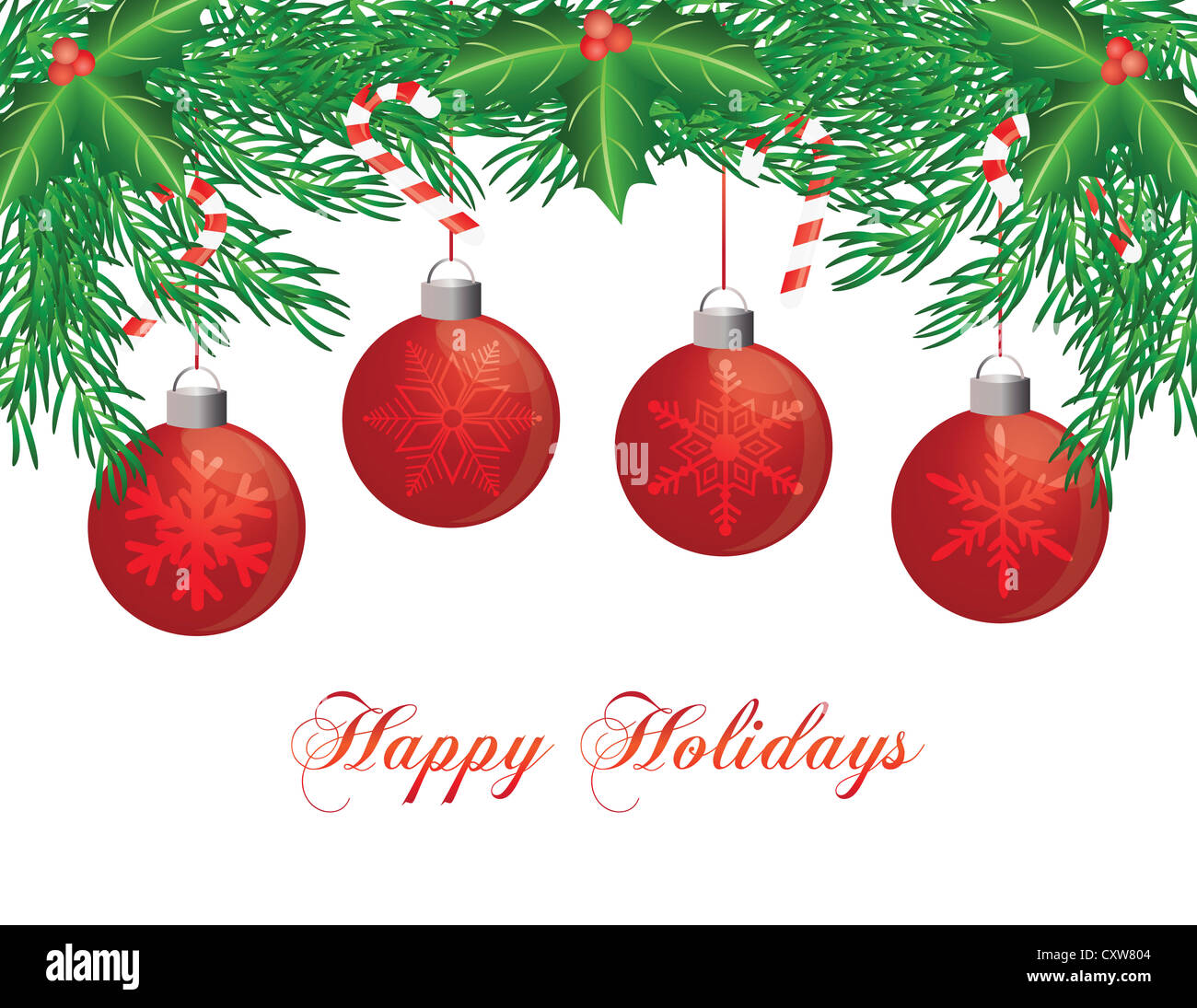 Christmas Tree Garland with Ornaments Holly Berries Leaves and Candy Cane Illustration Stock Image