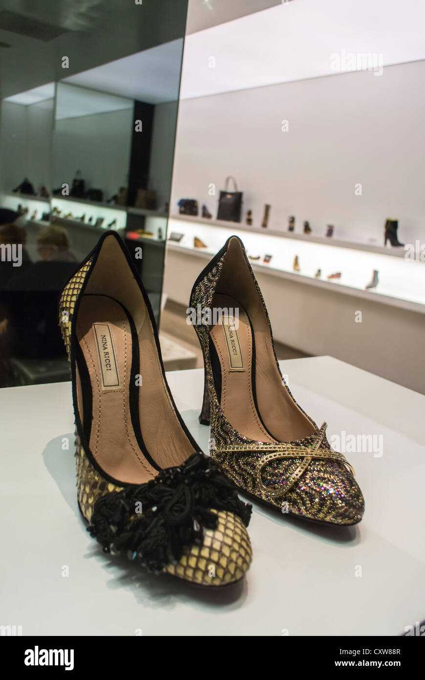 New York City NY USA Nina Ricci women s High Heel Luxury Shoes on display in Shop WIndow Iris Store Shop front WIndow in the Meatpacking District Manhattan shopping shoes Stock Photo