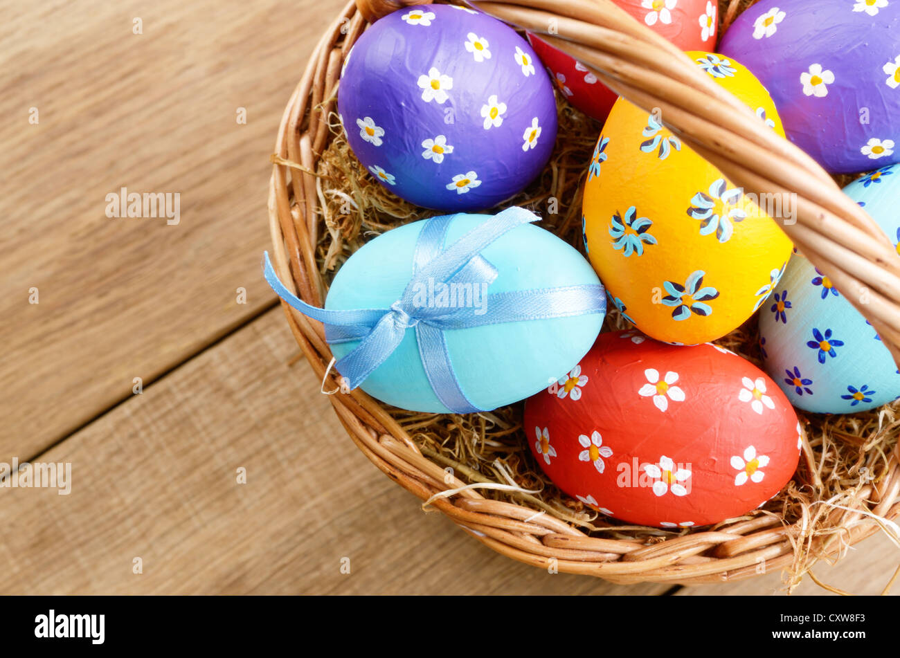 Easter basket with decorated eggs Stock Photo