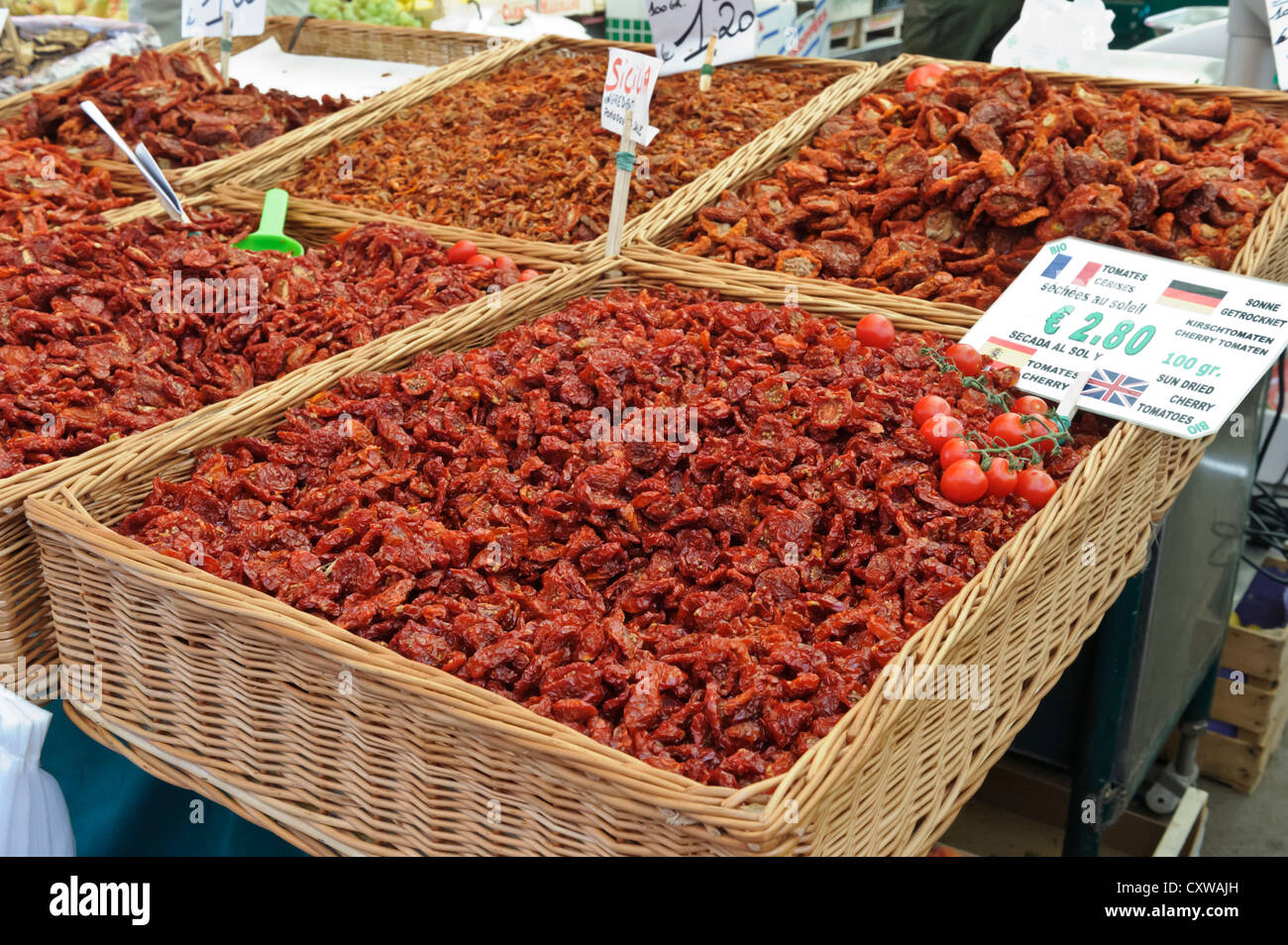 Sun dried red cherry tomatoes, Rialto Market, Venice, Italy. Stock Photo