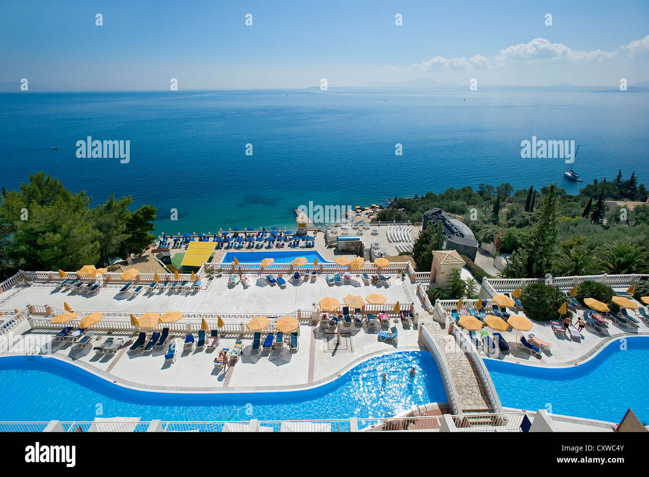 Pool with Sea, Sunshine Vacation Club, Nissaki, Corfu, Greece Stock Photo