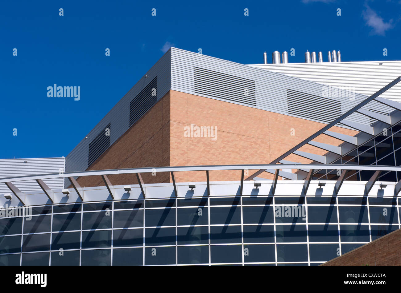 exterior closeup of science museum in saint paul minnesota against blue