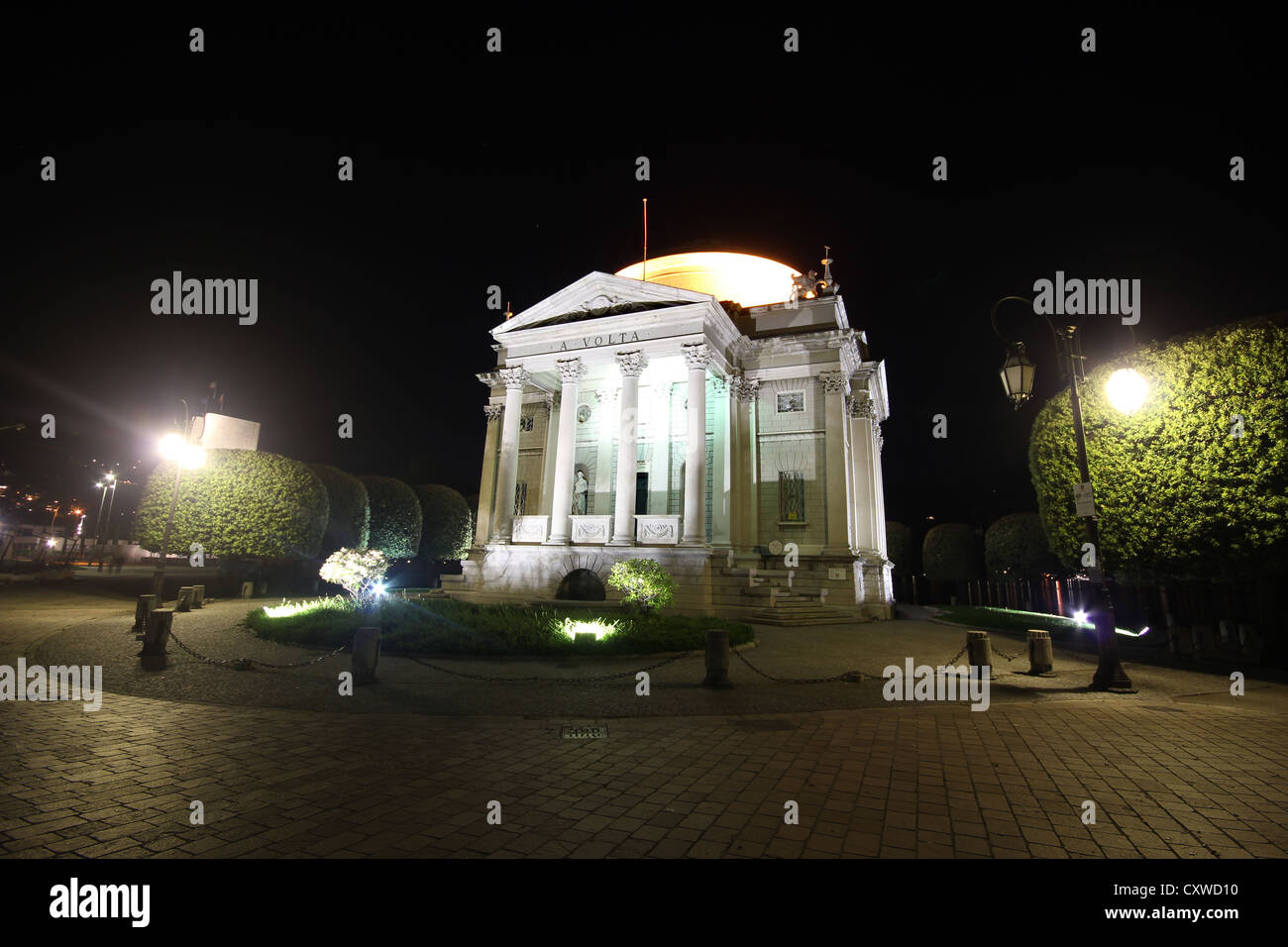 a beautiful picture of The Volta Temple by night, lake Como, Italy, photoarkive Stock Photo
