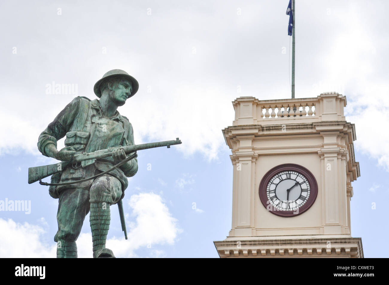 Frozen in time - a war memorial and clock tower in Maryborough, Australia. Stock Photo