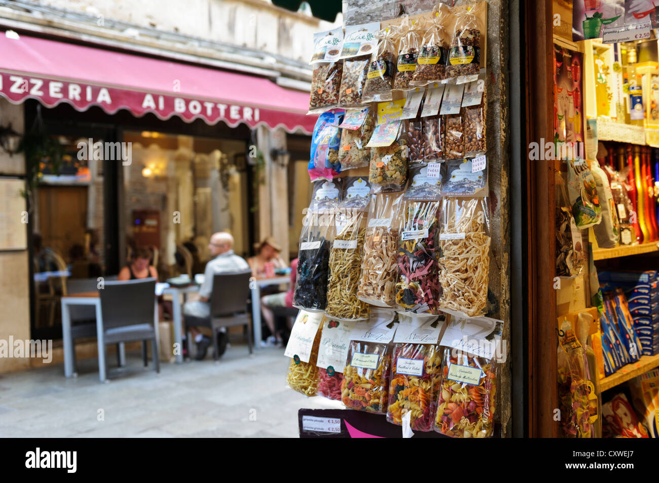 A variety of colourful Pasta on sale, Venice, Italy. Stock Photo