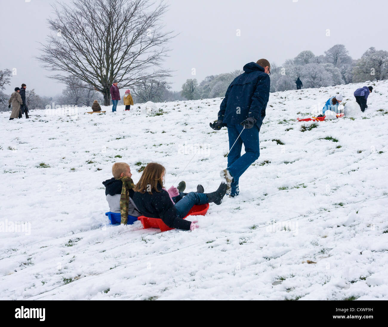 Enjoying the snow Man pulling two children on sleds in snowy Richmond