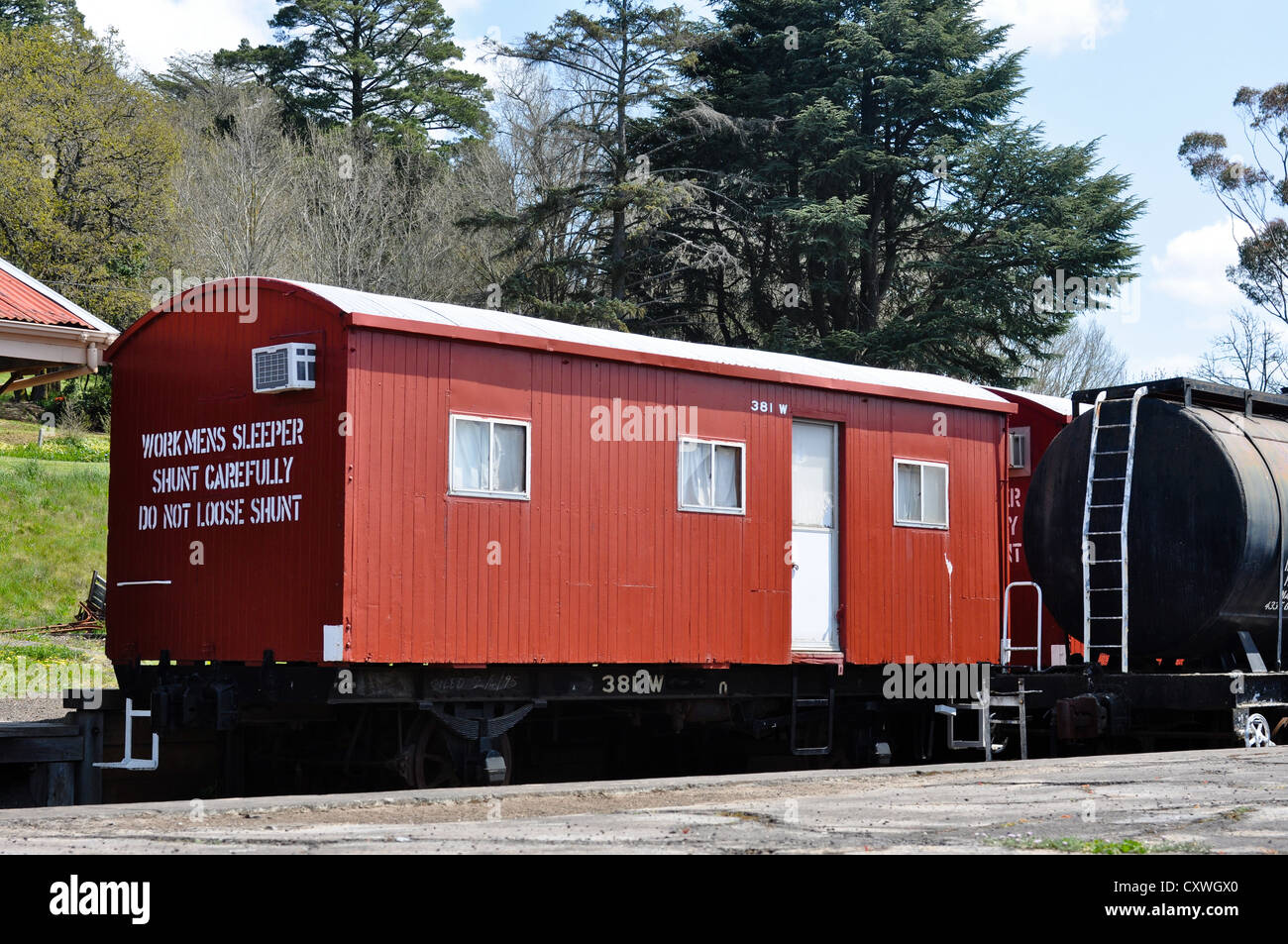 Vintage red workmen's sleeper car in Daylesford, Central Victoria, Australia Stock Photo