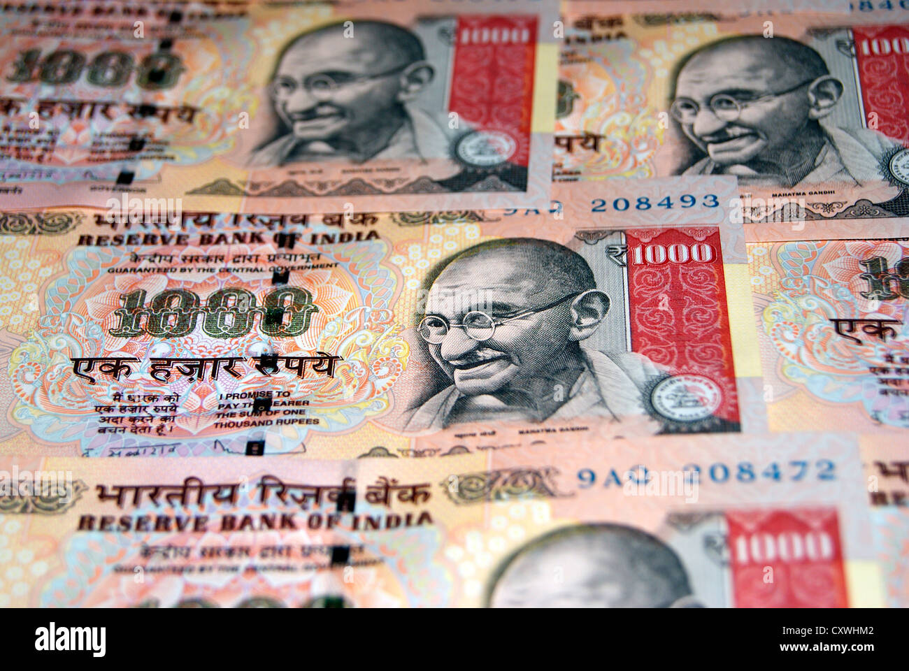 Indian Currency Banknotes old 1000 Rupees Thousand rupee notes Mahatma Gandhi India Stock Photo