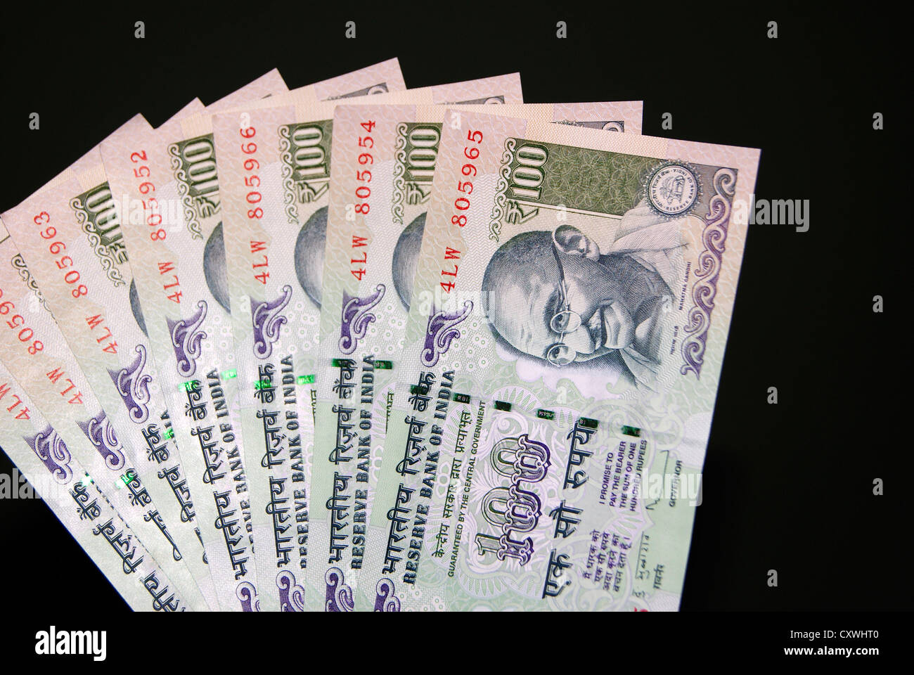 Indian Currency 100 Hundred Rupees Reserve Bank of India Bank Money Notes closeup Cutout View Stock Photo
