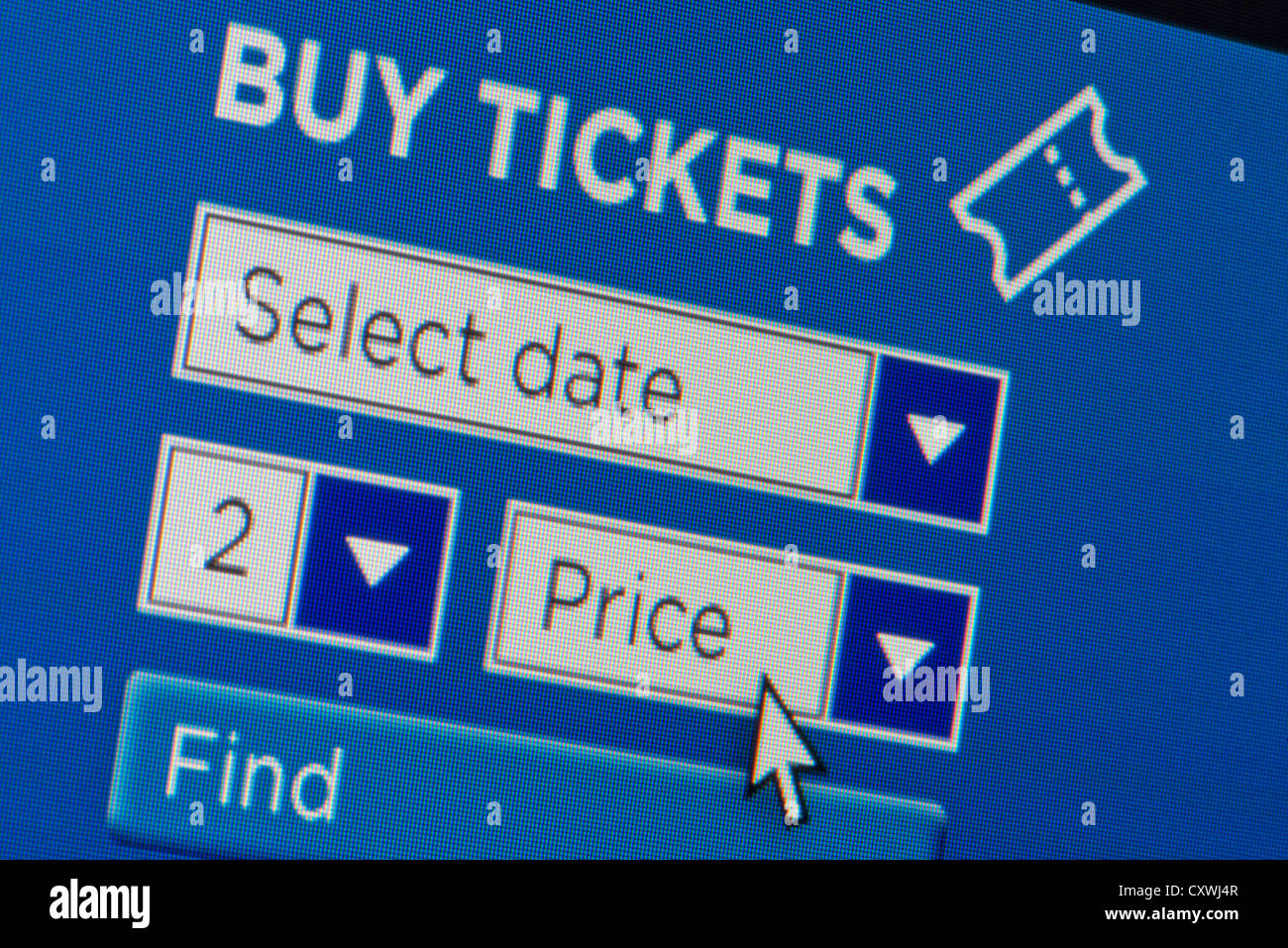Close up of a fictional website inviting users to buy tickets after entering search details. Stock Photo