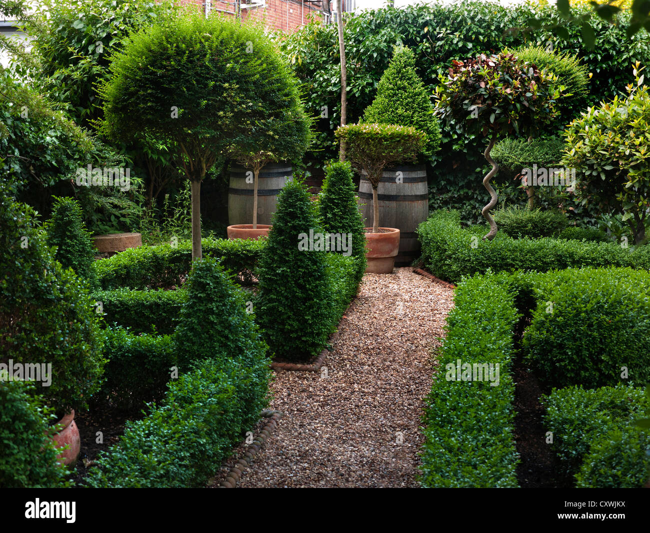 Knot garden parterre with box hedging with gravel path, an attractive compact neat tended designer garden outside English country cottage UK Stock Photo