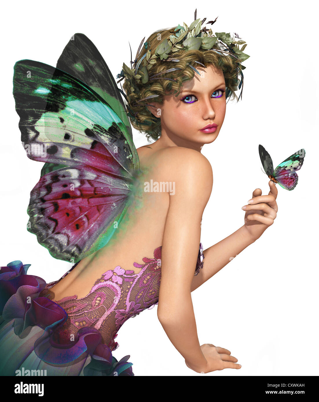 a little fairy with a butterfly in her hand Stock Photo