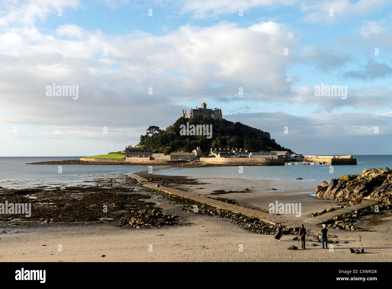 St Michaels Mount during low tide Mount's Bay coast of Cornwall England UK Stock Photo