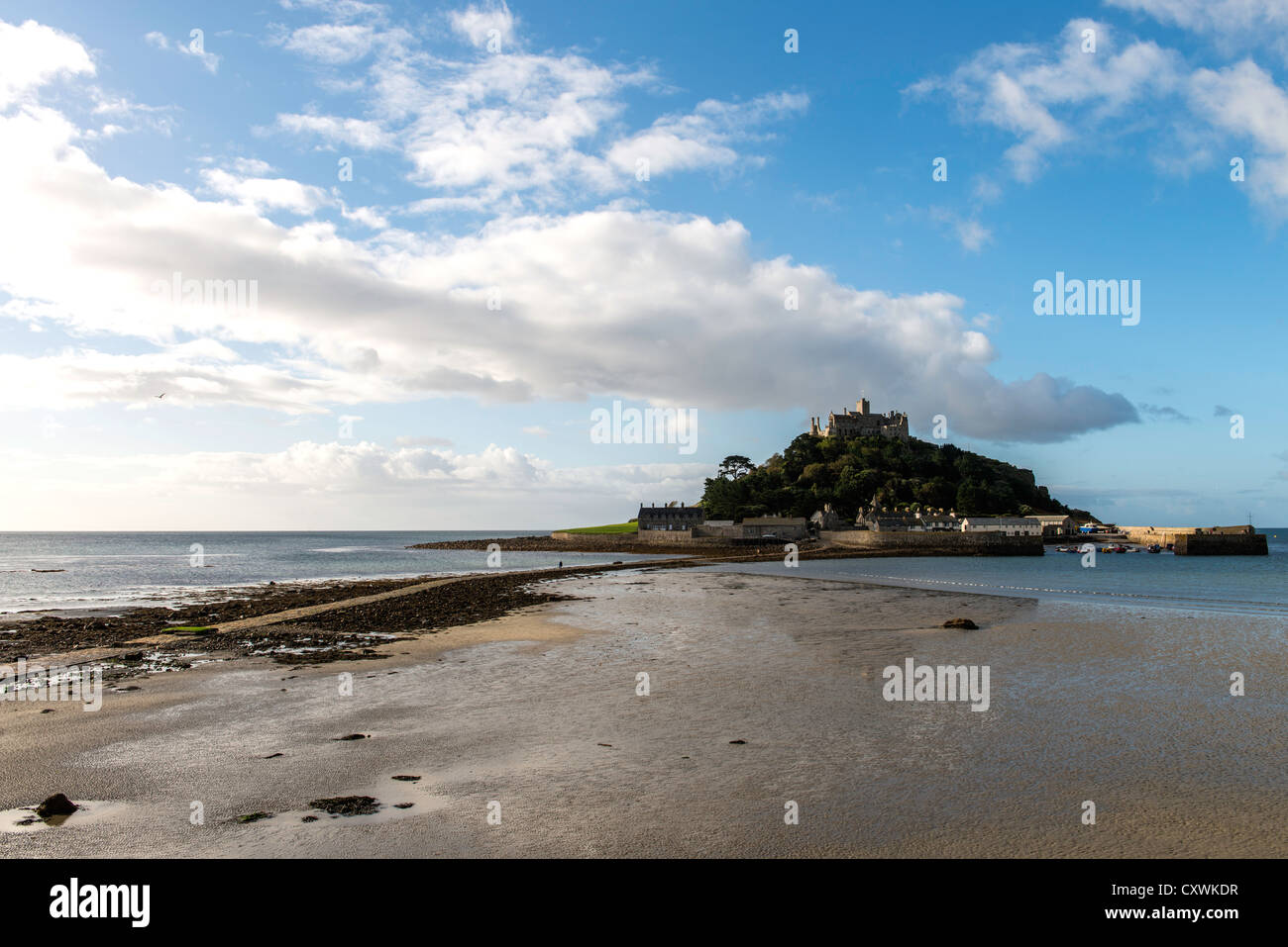 St Michaels Mount during low tide, Mount's Bay coast of Cornwall