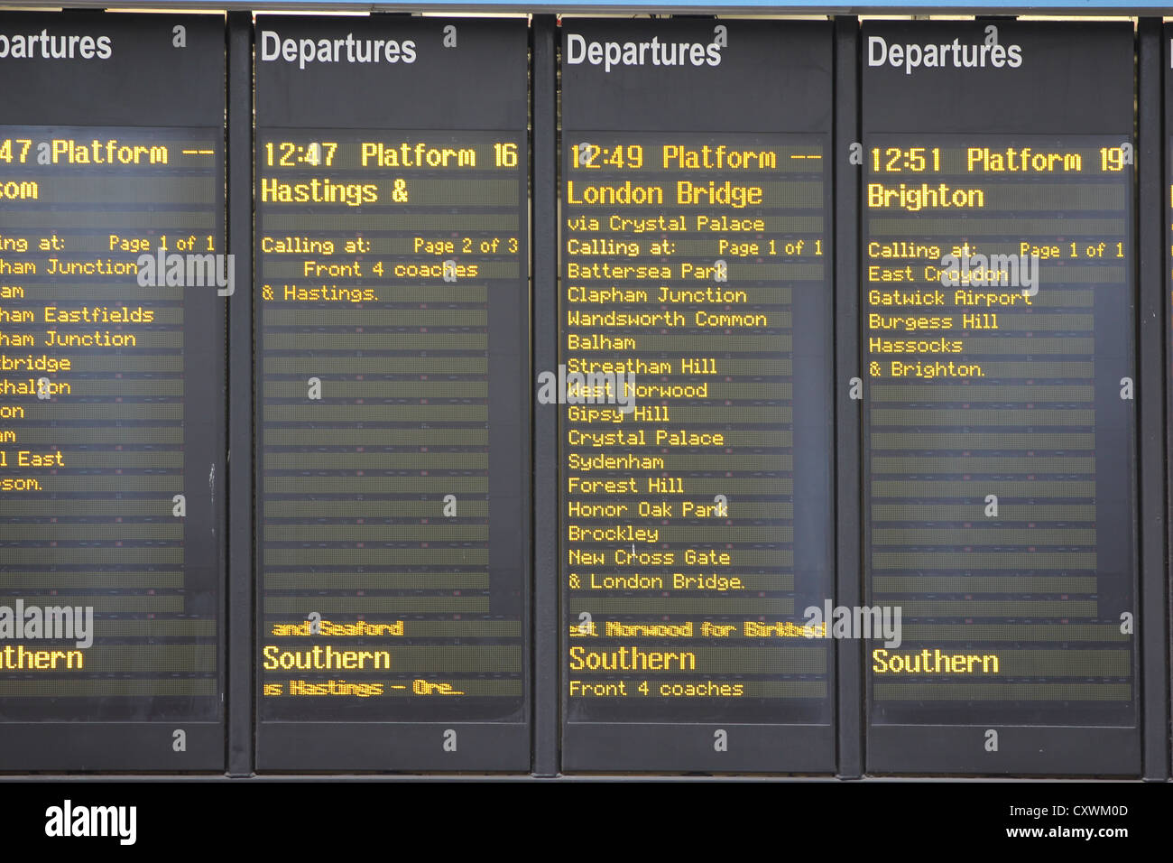 Train sign, departure & arrivals, Victoria Station, London England, U.K., transoprt, timetables, time, photoarkive Stock Photo