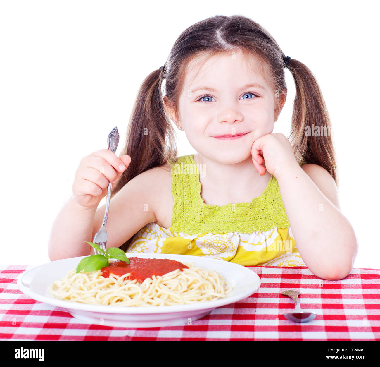 beautiful girl eating a bowl of pasta Stock Photo Alamy