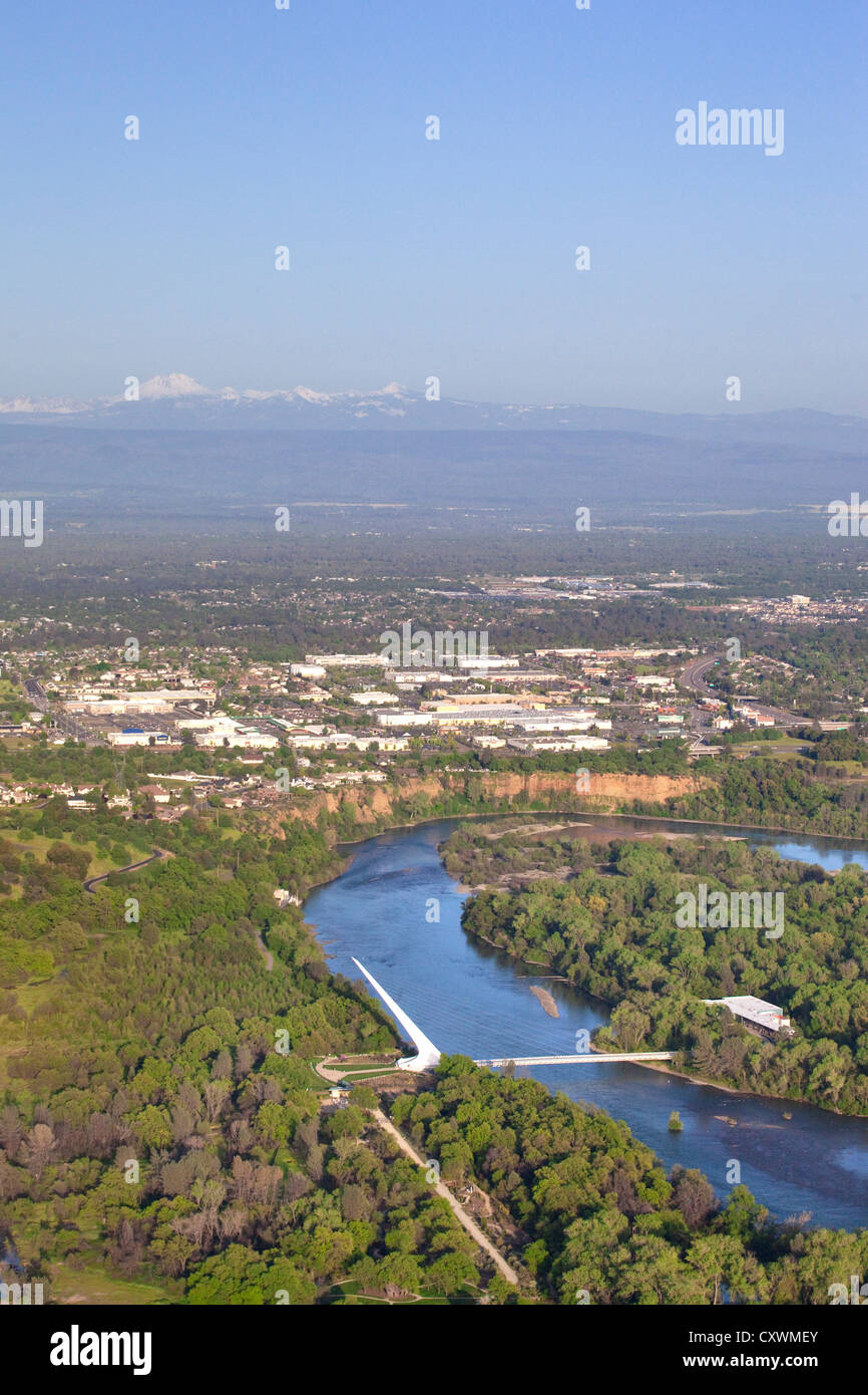 Aerial view of Redding California, including the Sundial Bridge and