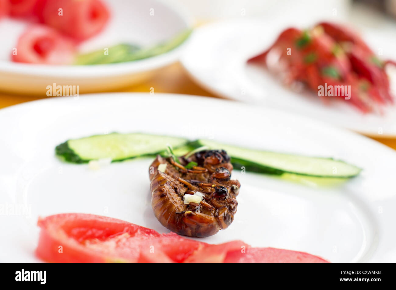 Fried cicada larvae, delicious Chinese food. Stock Photo