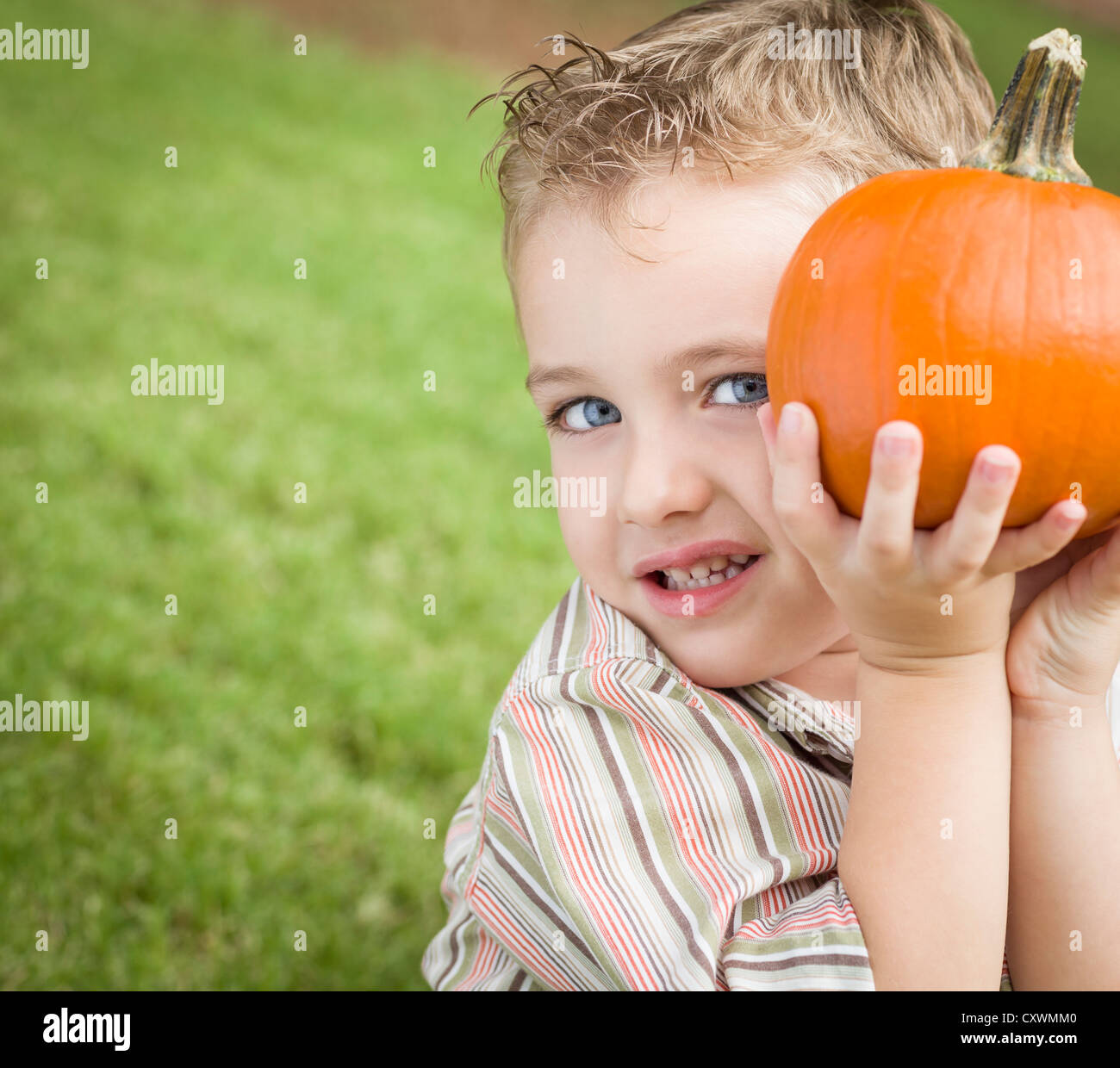 Adorable Young Child Boy Enjoying the Pumpkins at the Pumpkin Patch ...
