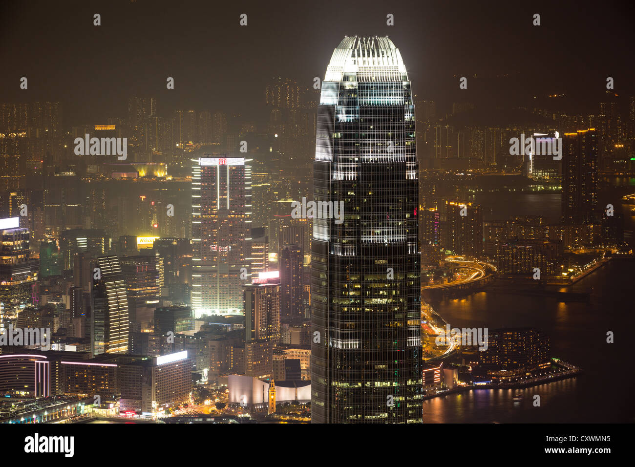 Night panorama of Hong Kong from Victoria peak Stock Photo