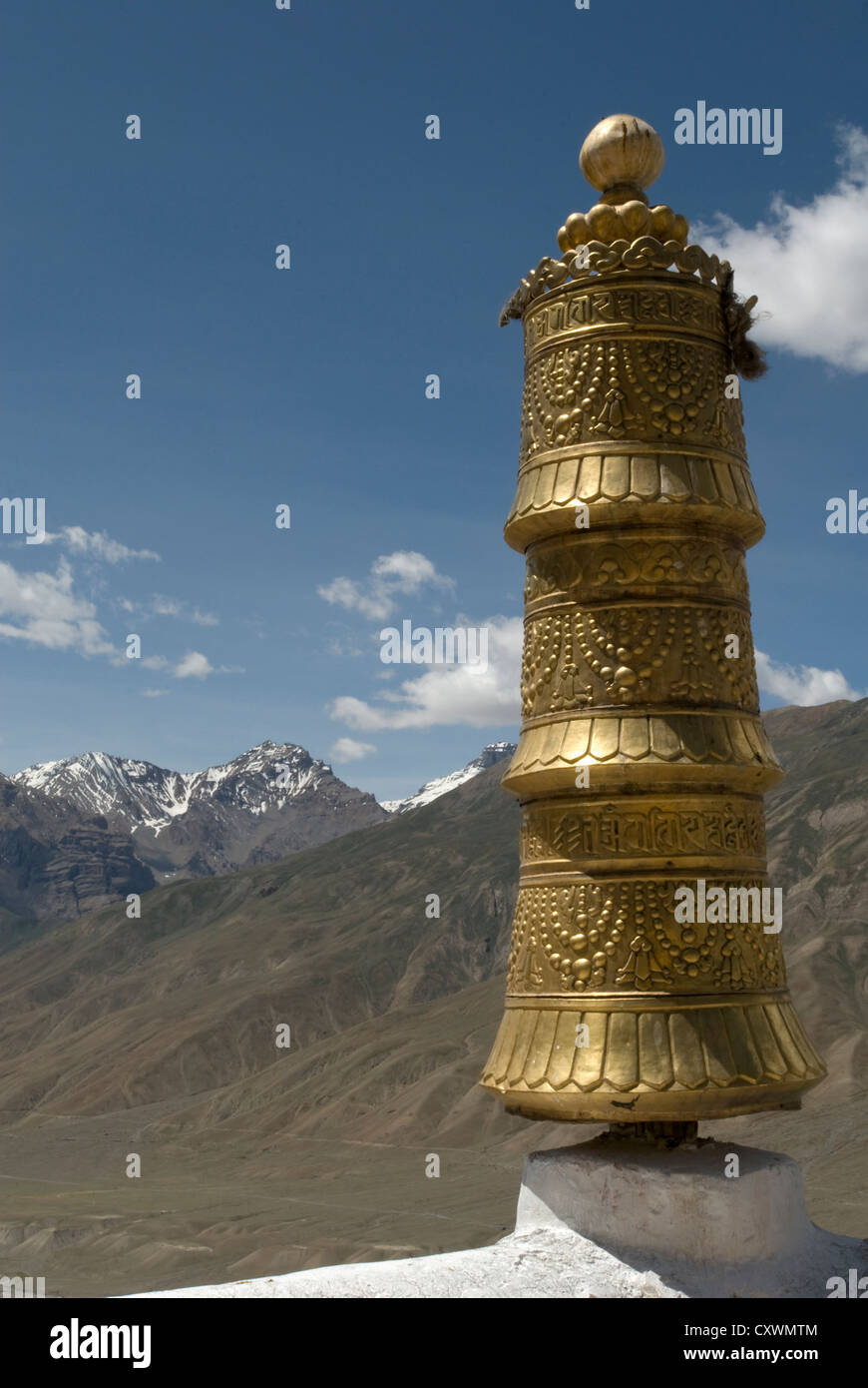A roof detail overlooking Spiti valley at Key Monastery, Spiti, Northern India Stock Photo