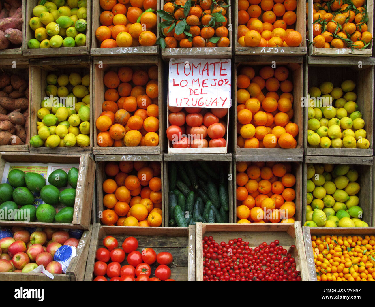 A Greengrocers Fruits and Vegetables display , Montevideo Ciudad Vieja district, Uruguay, South America Stock Photo