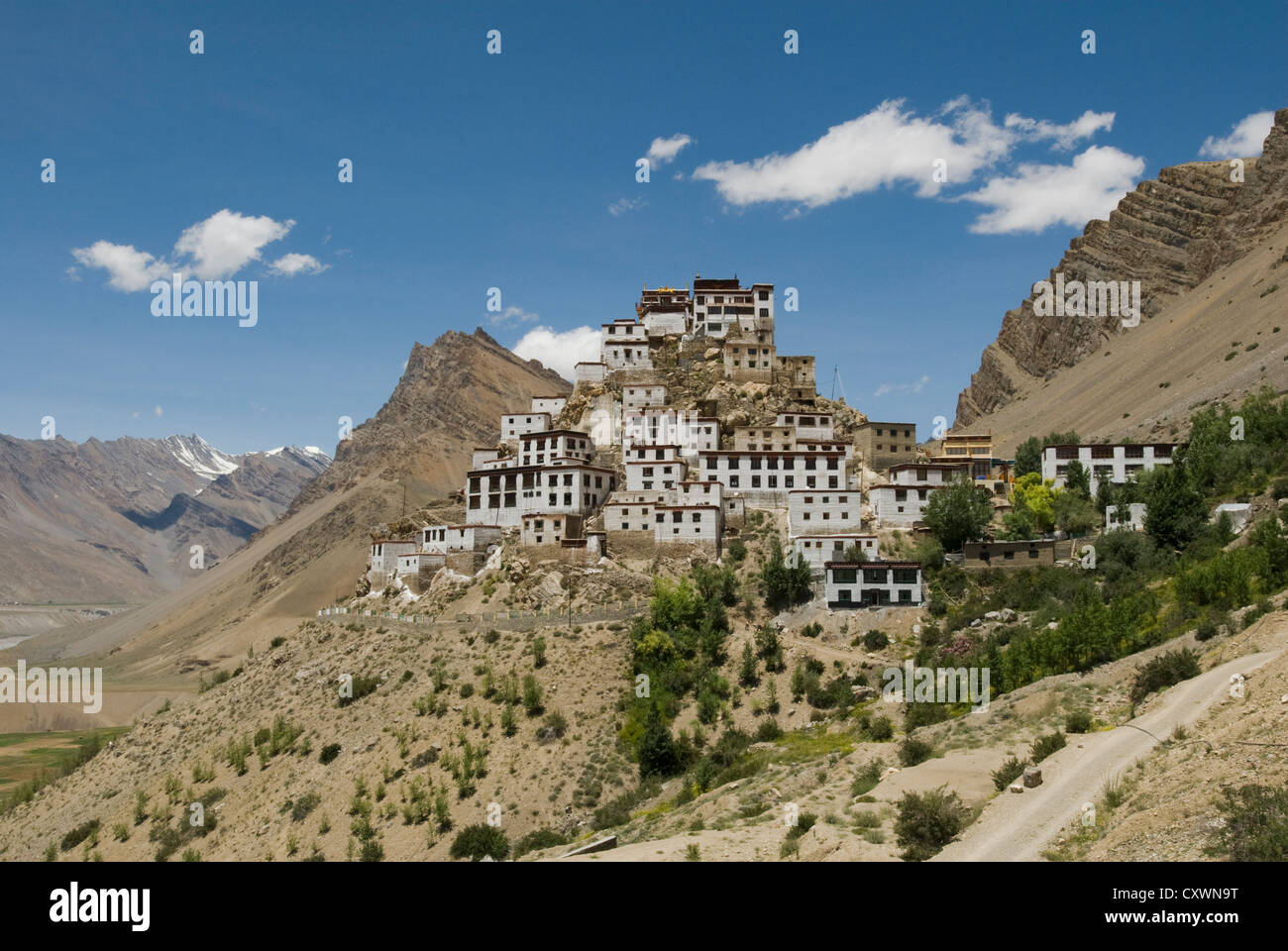 A view of Key Monastery and the Spiti valley from the west. Spiti, Northern India Stock Photo