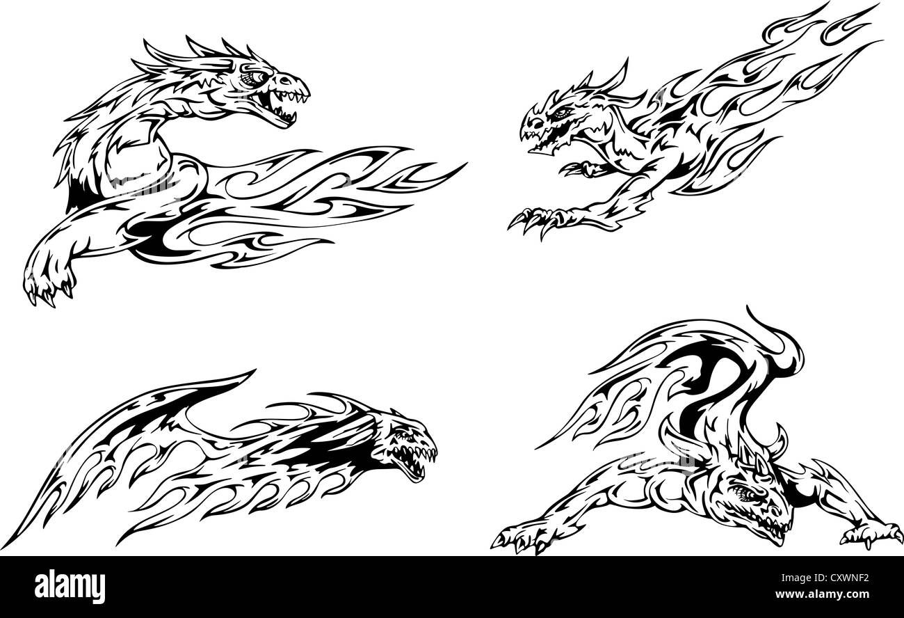 Dragon tattoos with flames. Set of black and white vector illustrations. Stock Photo