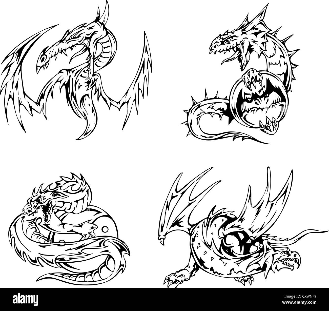 Dragon tattoos. Set of black and white vector illustrations. Stock Photo