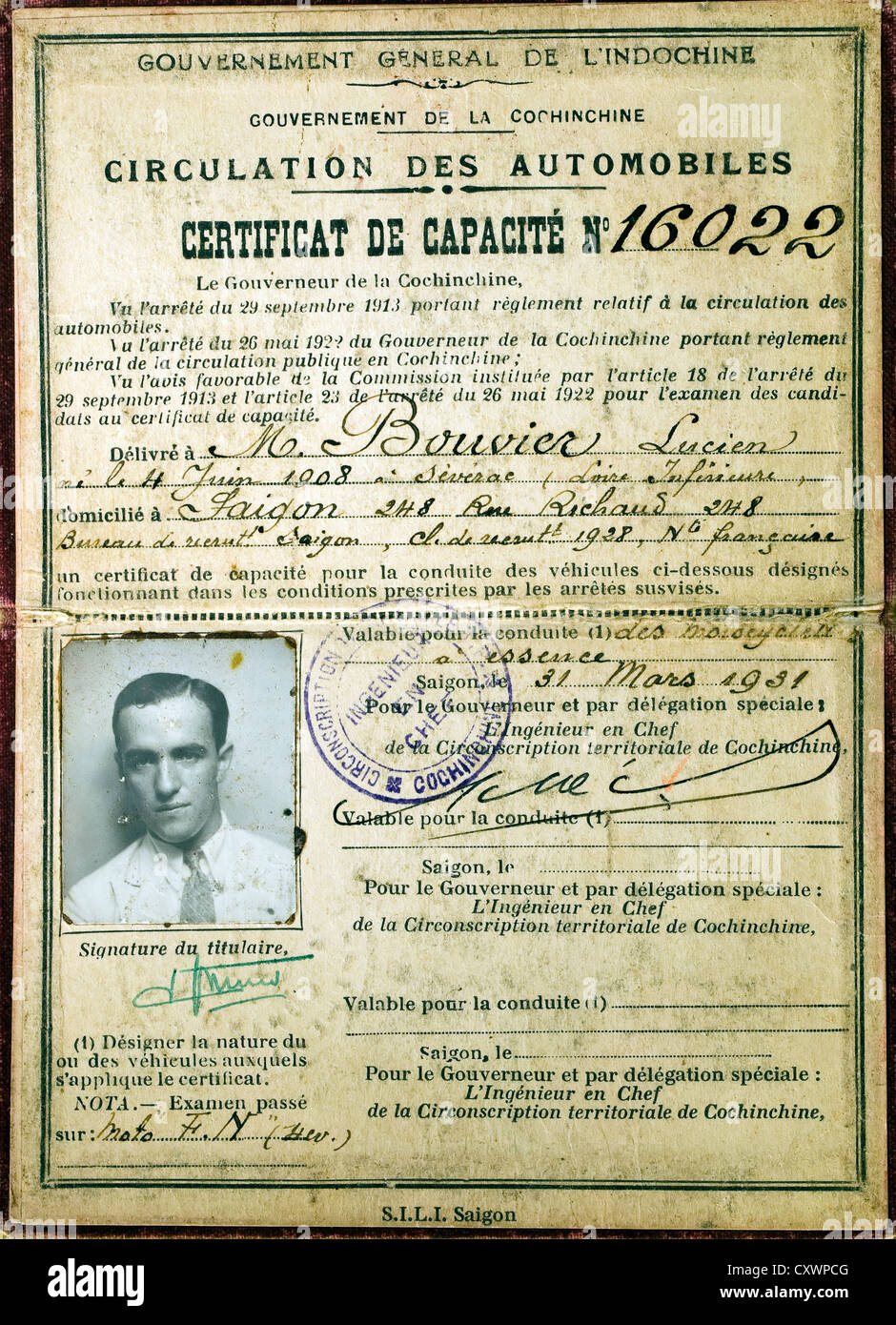 Driver's licence issued in Saigon Stock Photo
