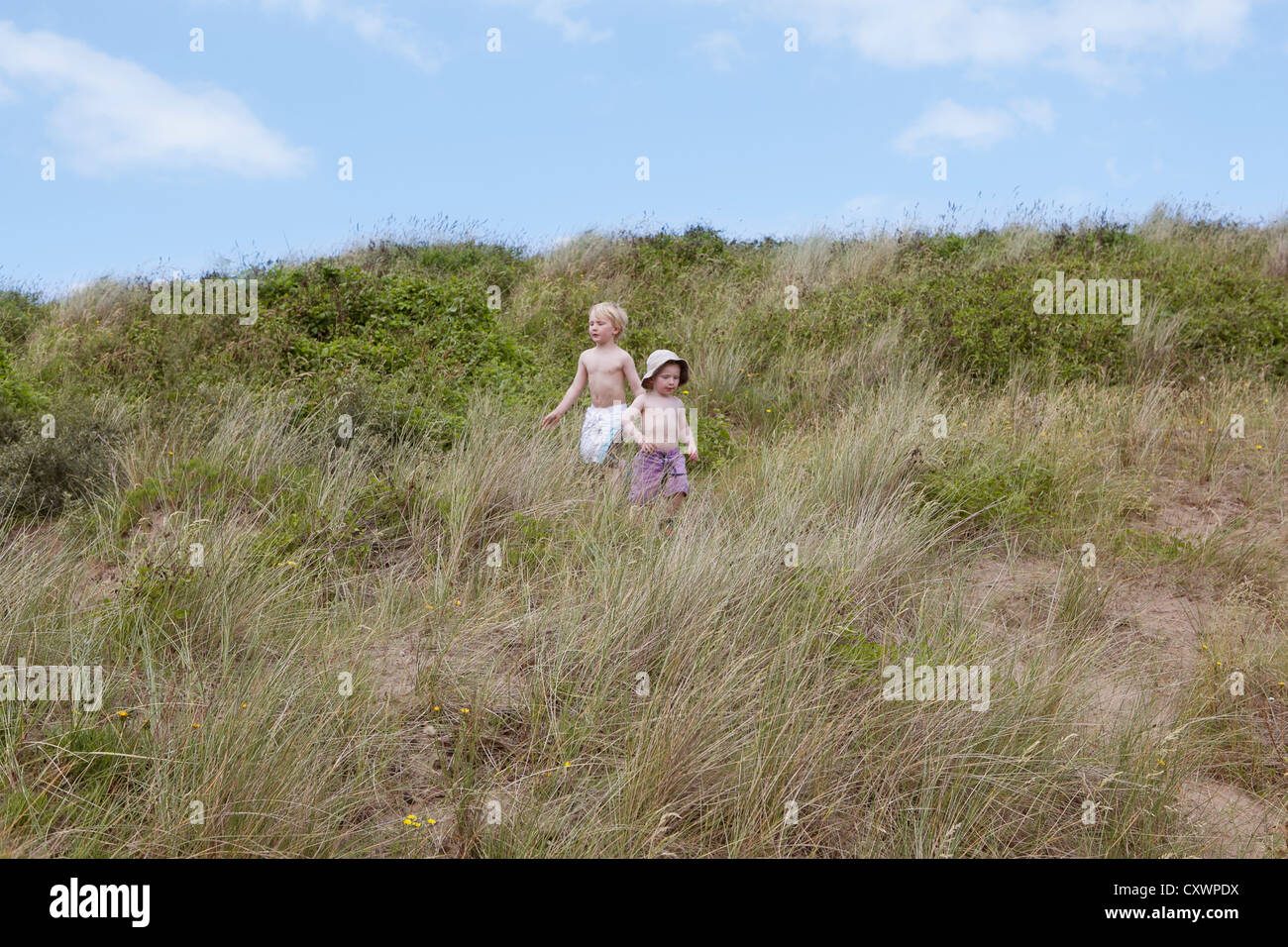 Boys playing on grassy hillside Stock Photo Alamy