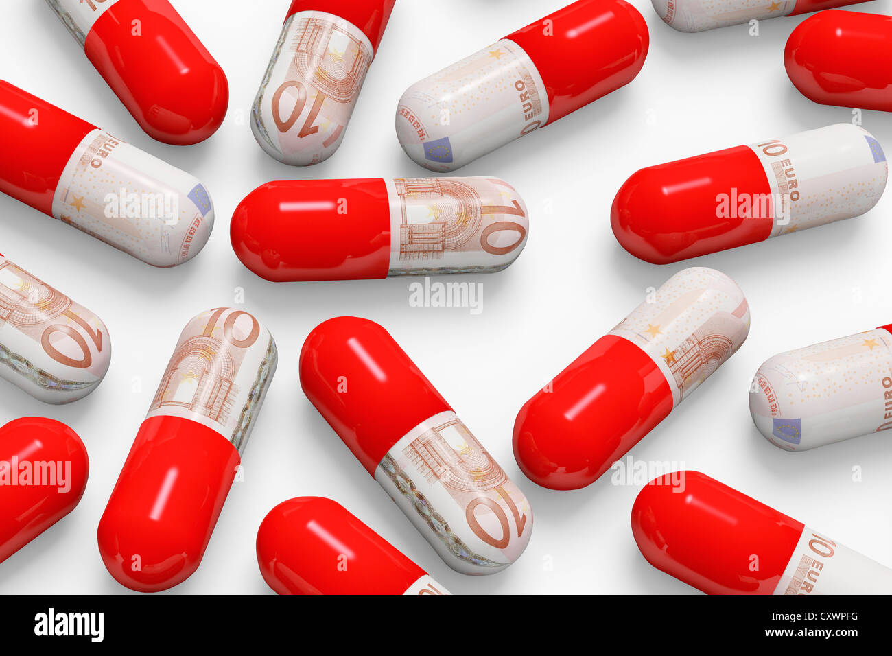 Pills decorated with euro notes Stock Photo