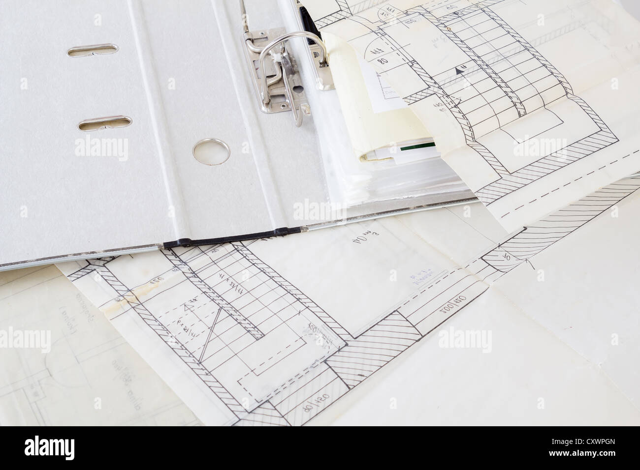Architectural plans of the old paper tracing paper and file with the project Stock Photo Alamy