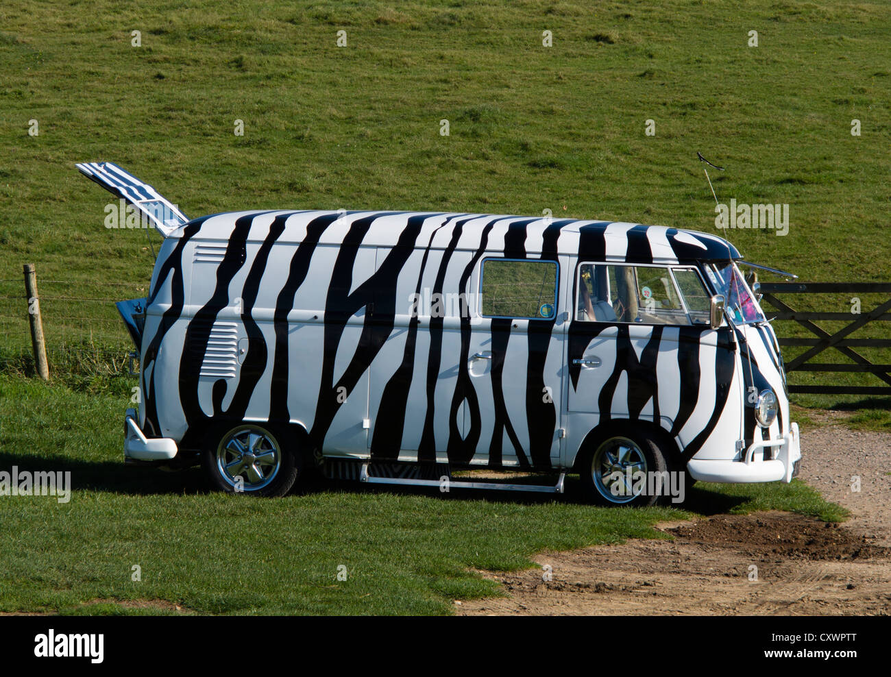 VW Camper Van with Zebra-Striped Paintwork Stock Photo