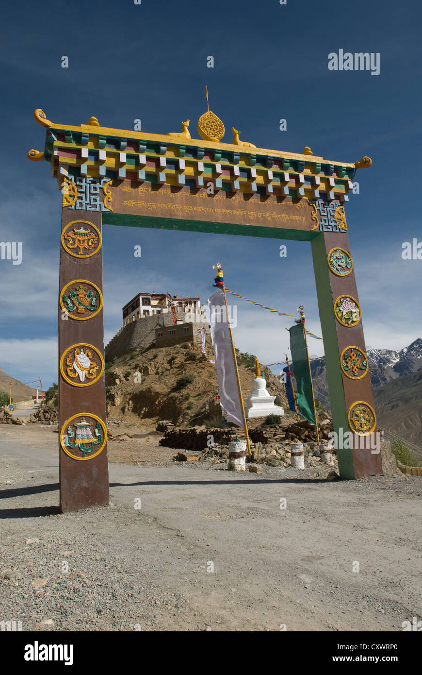 The main gateway on the road to Key Monastery, Spiti, Northern India Stock Photo