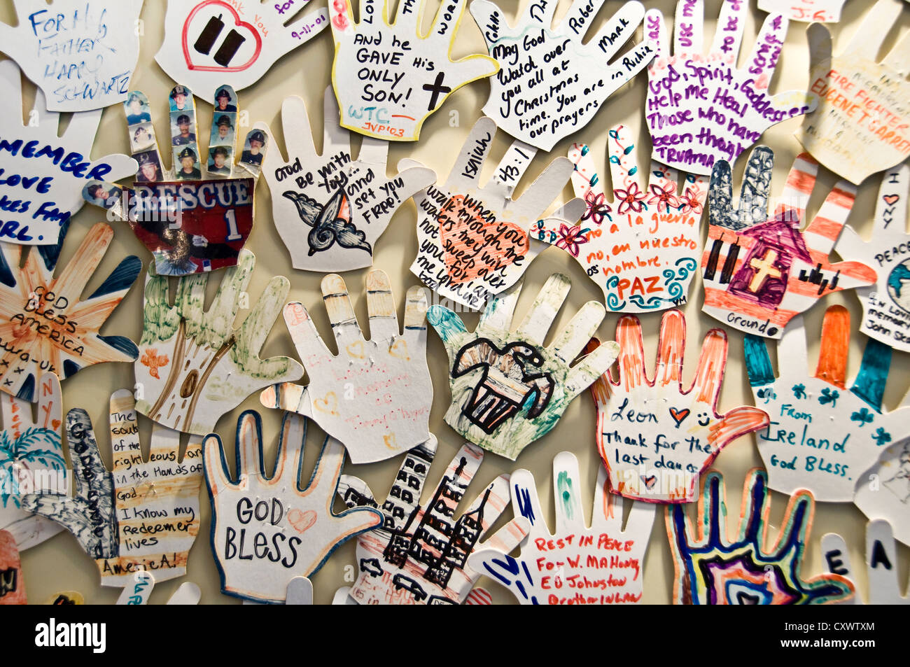 Papercut hands in memory of the victims of 9/11 - Saint Paul's chapel - New York City, USA Stock Photo