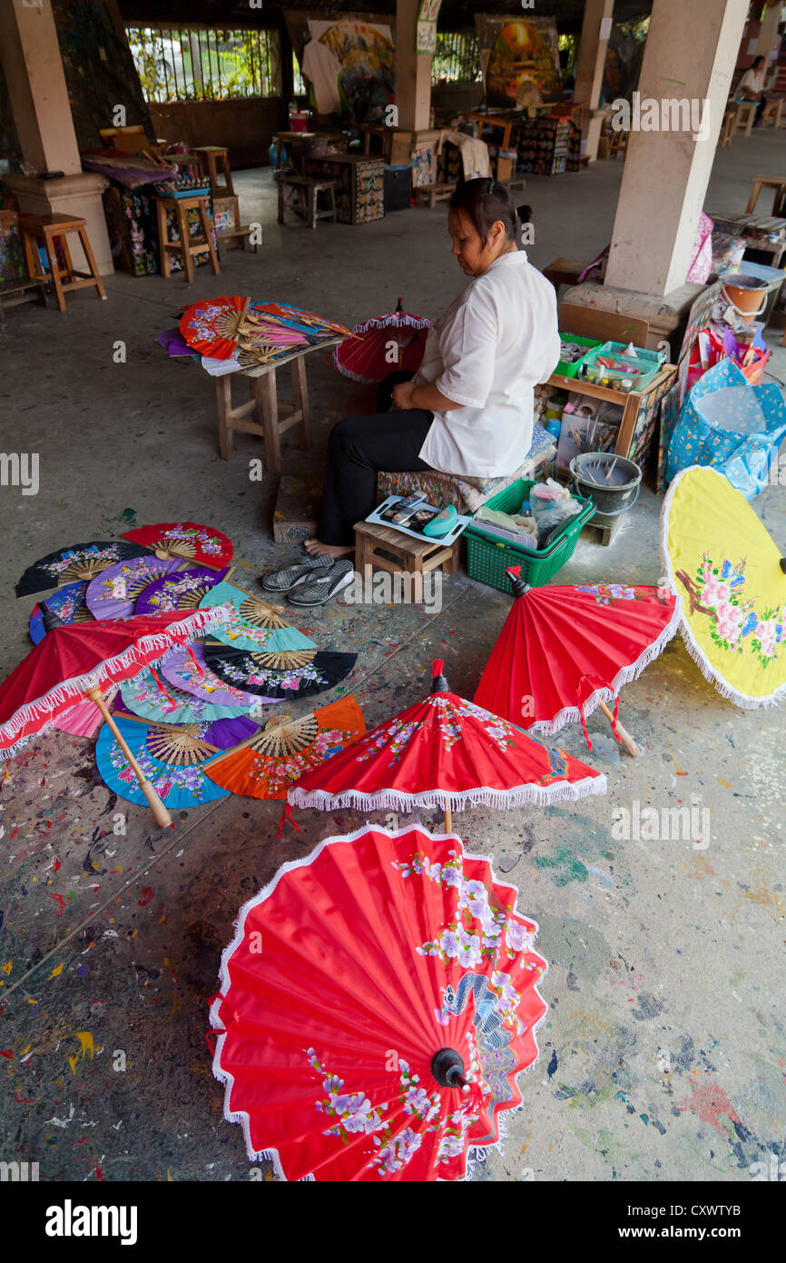 Production of traditional handmade Parasols in Bo Sang, Thailand Stock