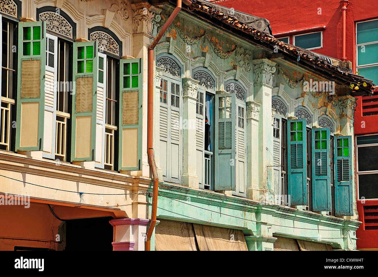 Colored wooden colonial style house in Arab Street - Singapore Stock Photo