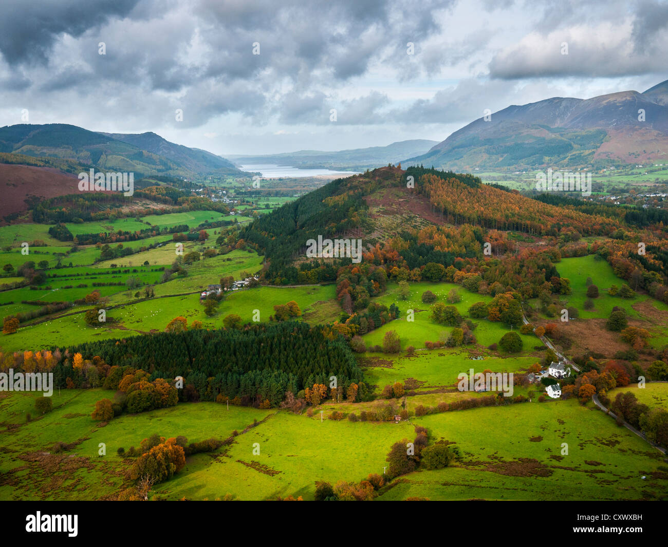 View of Swinside from Cat Bells, near Keswick with Bassenthwaite Lake in the Distance. Cumbria, England. Stock Photo
