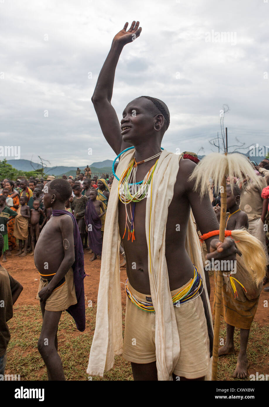 Suri Tribe Man Dancing At A Ceremony Organized By The Government, Kibish, Omo Valley, Ethiopia Stock Photo