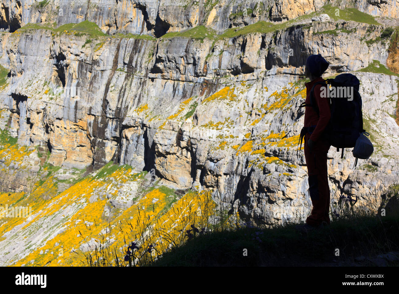 A hiker is silhouetted in Ordesa valley. Ordesa and Monte Perdido National Park. Pyrenees. Huesca. Aragon. Spain. Stock Photo