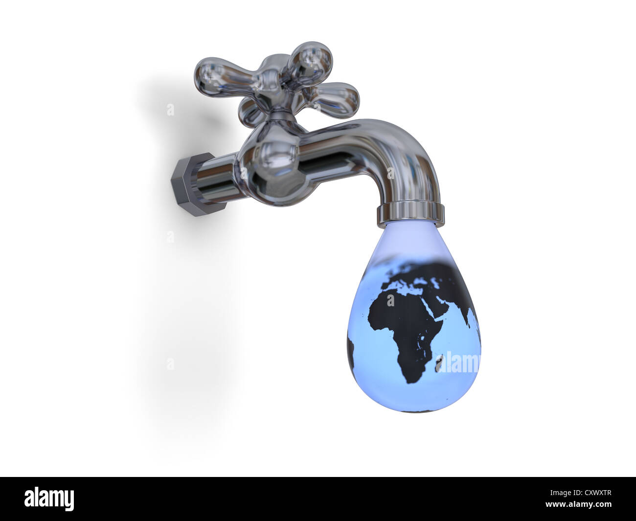 Illustration of water tap dripping with large water drop and blue planet Earth inside isolated on white background Stock Photo