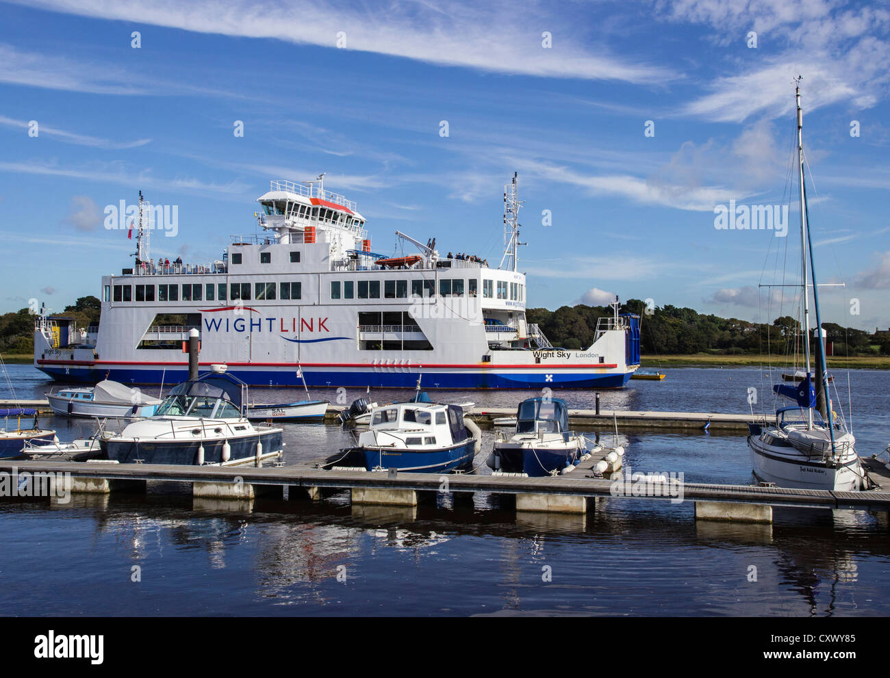 Wightlink Car Ferry leaving Lymington with Marina Boats in the