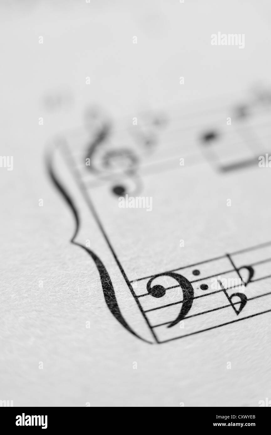 Music sheet notes score melody close up black white lines composition left right hands treble cleft printed on paper Stock Photo