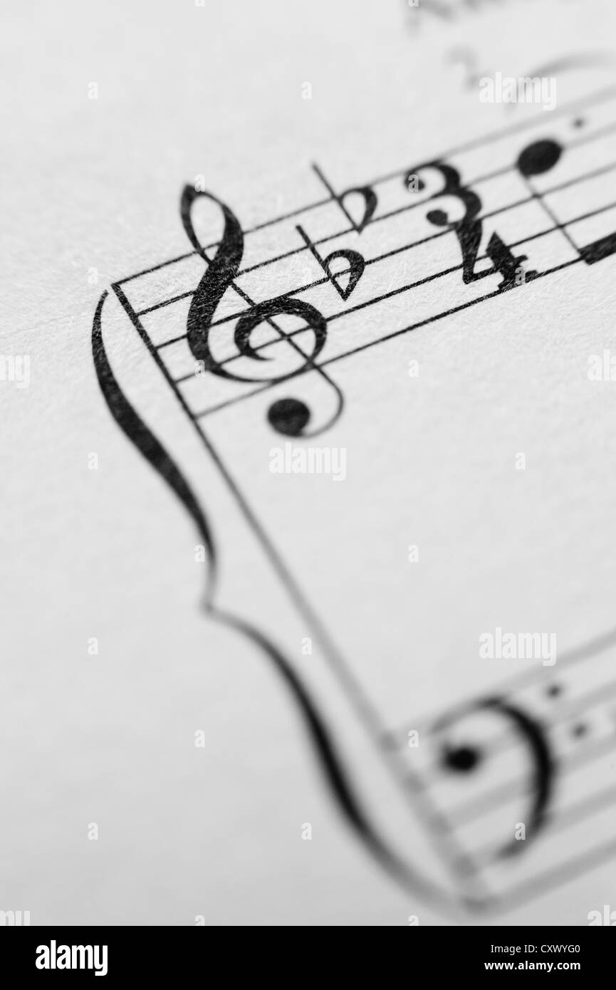 Music sheet notes score melody close up black white lines composition left right hands treble cleft printed on paper Stock Photo