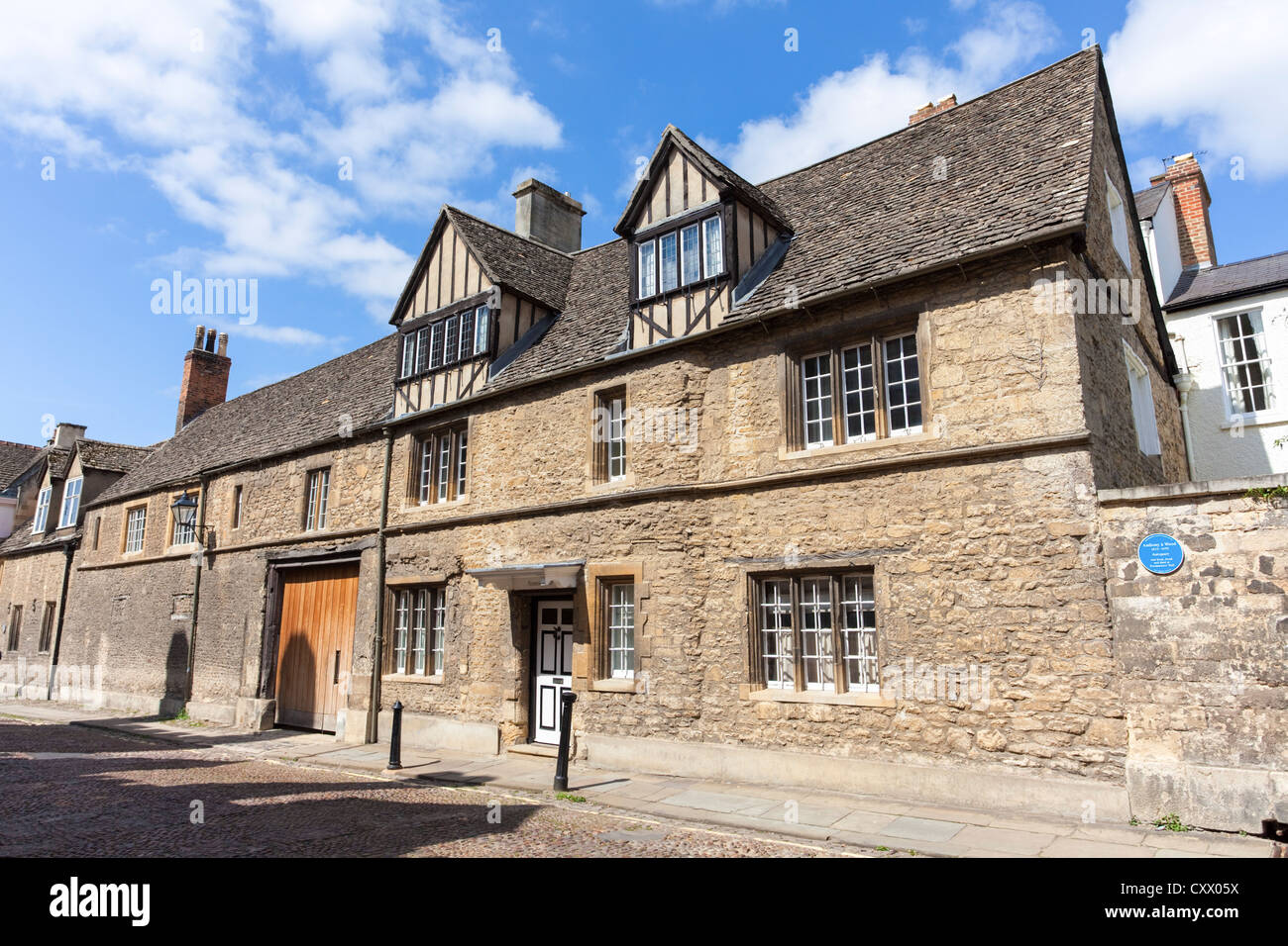 Postmasters' Hall building on Merton Street, Oxford, UK - with blue plaque to Anthony a Wood a famous antiquarian Stock Photo