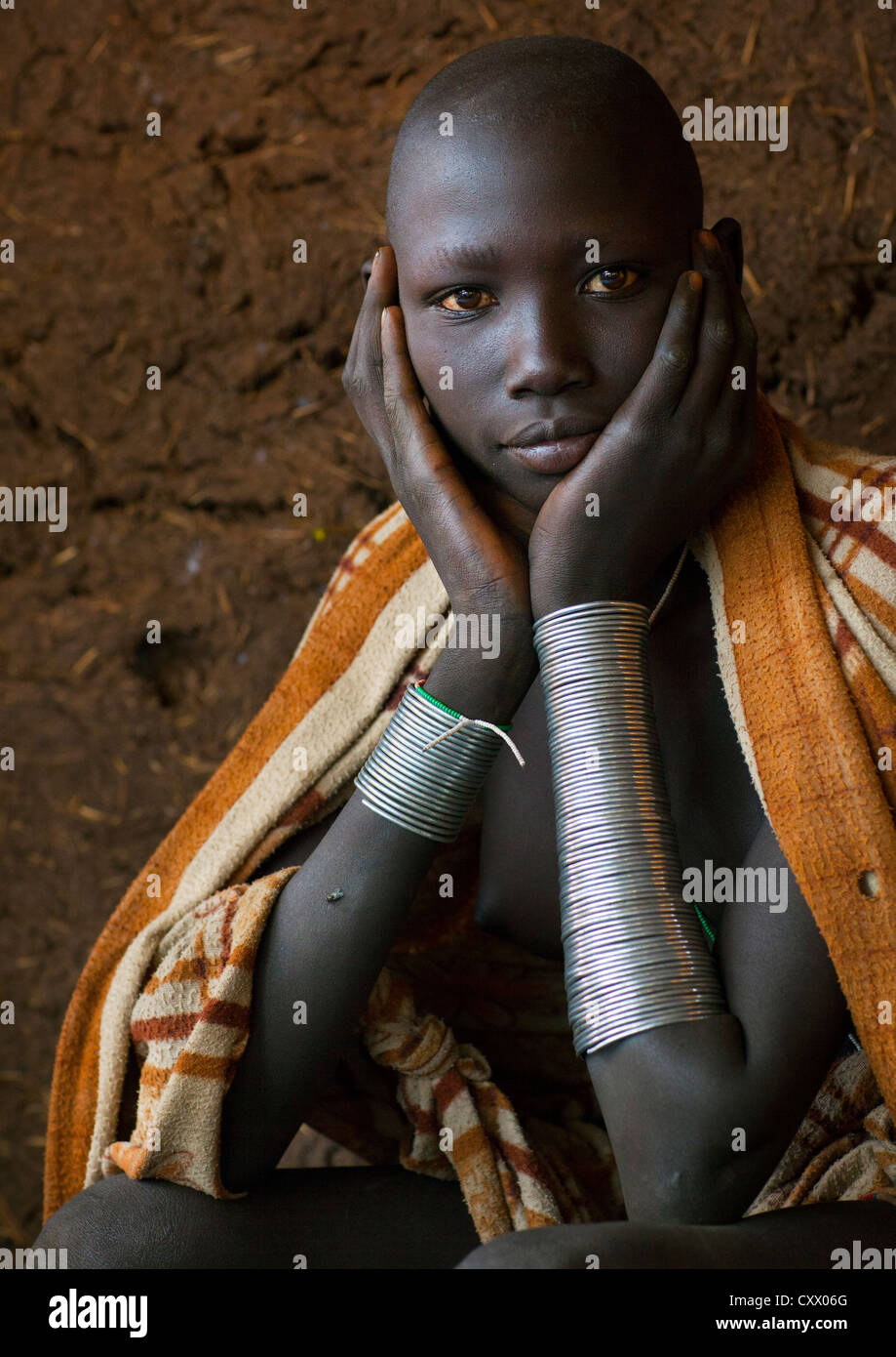 Beautiful Suri Tribe Woman, Kibish, Omo Valley, Ethiopia Stock Photo