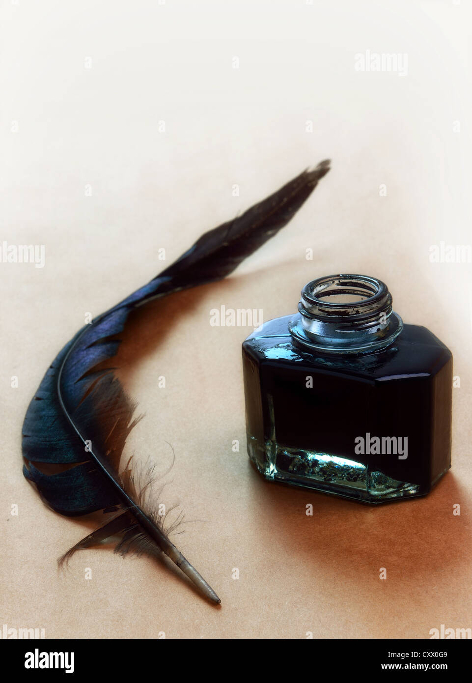 Feather and ink bottle on brown paper background Stock Photo Alamy